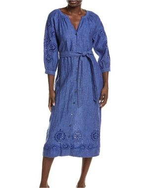 J. McLaughlin Linen Blue Eyelet Button-Front Midi Dress with Self Tie